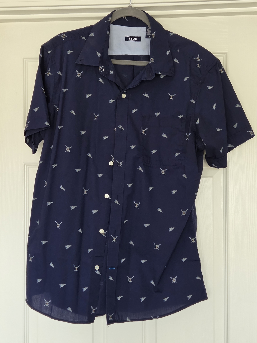 Izod Navy Short-Sleeve Button-Down Shirt with White Sail & Oar Print